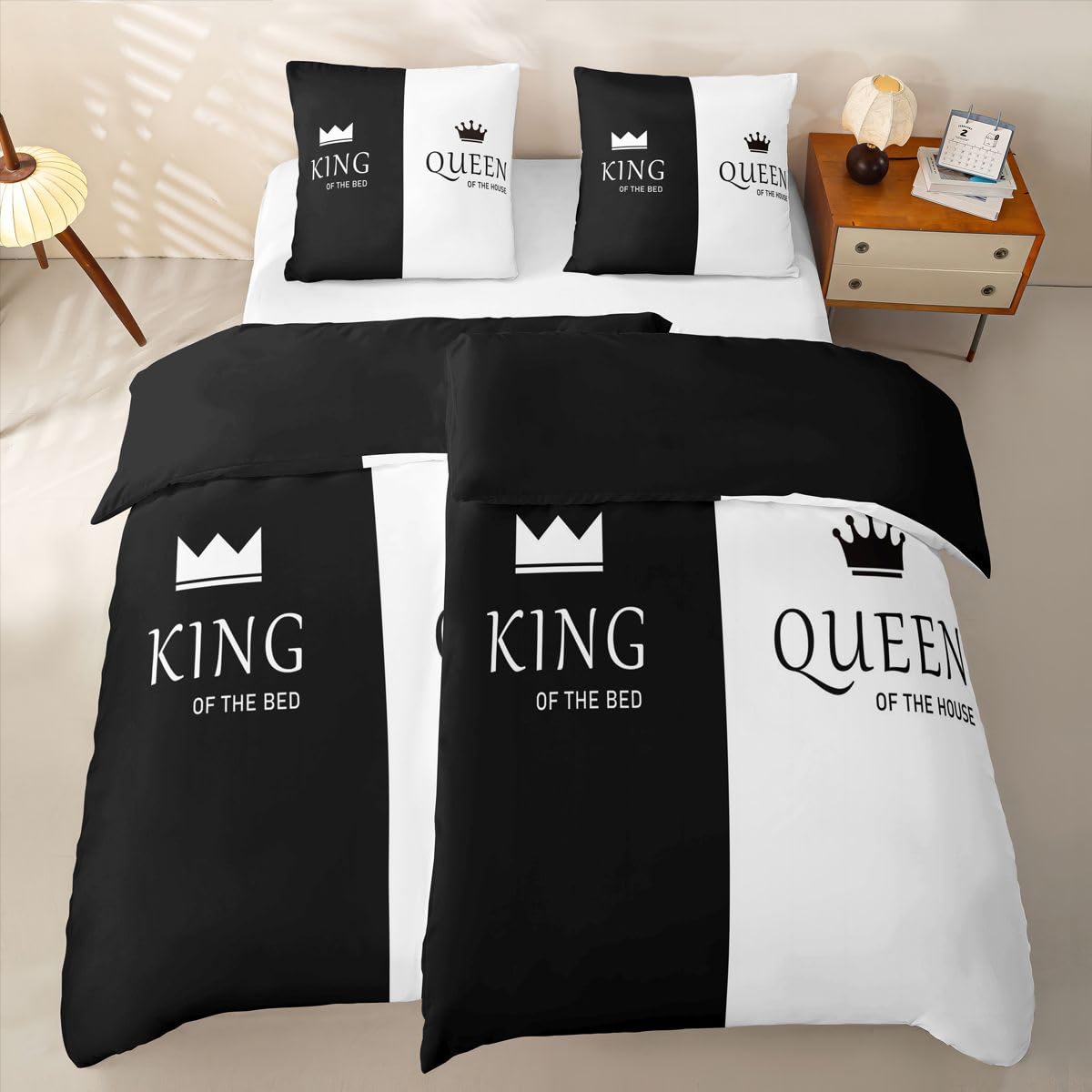richhome King & Queen Drucken Bettwäsche 135x200 4teilig Schwarz und weiß Bettwäsche-Set 2er Set, 2 Bettbezüge 135x200 cm und 2 Kissenbezüge 80X80 cm für Paar Liebhaber,Reißverschluss