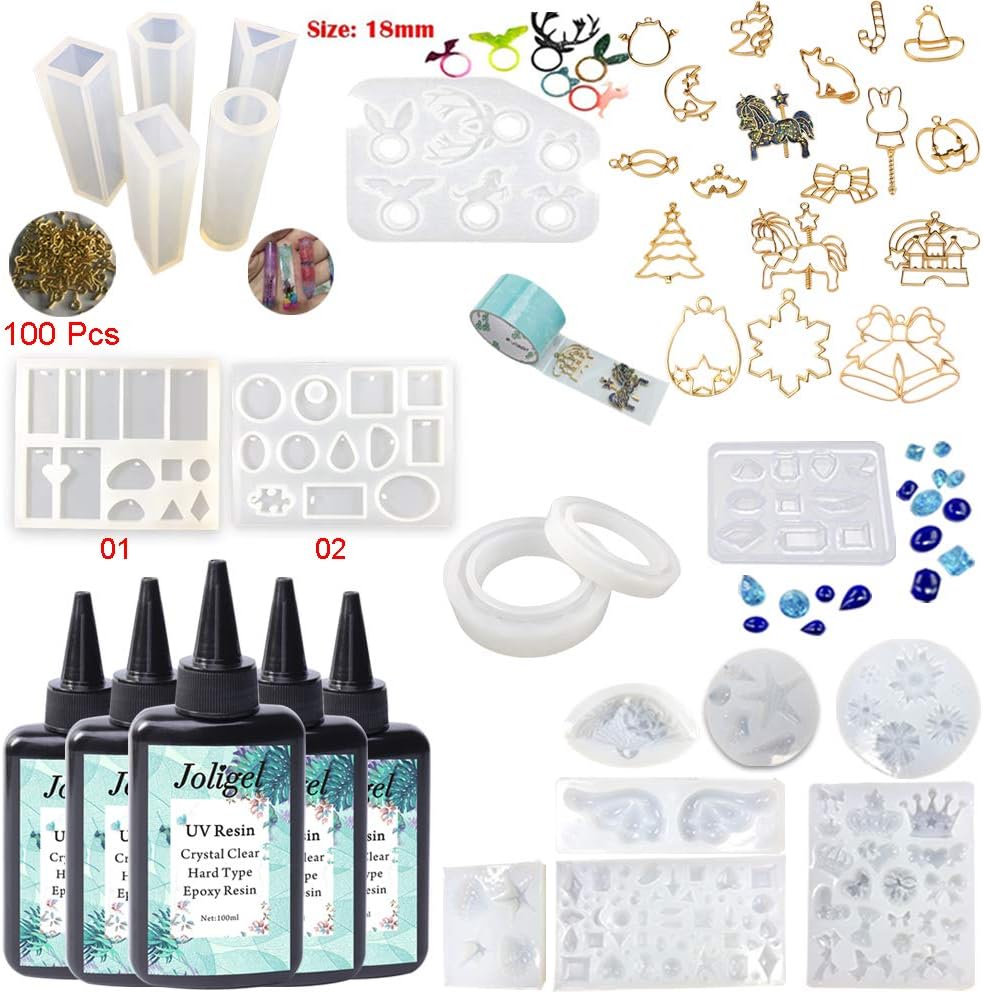 UV Resin Crystal Clear 18 Molds 100+ Shapes 17 Open Back Bezels Frames, 500ML Resin Jewelry Making Kit for Handmade Resin Crafts Gifts DIY