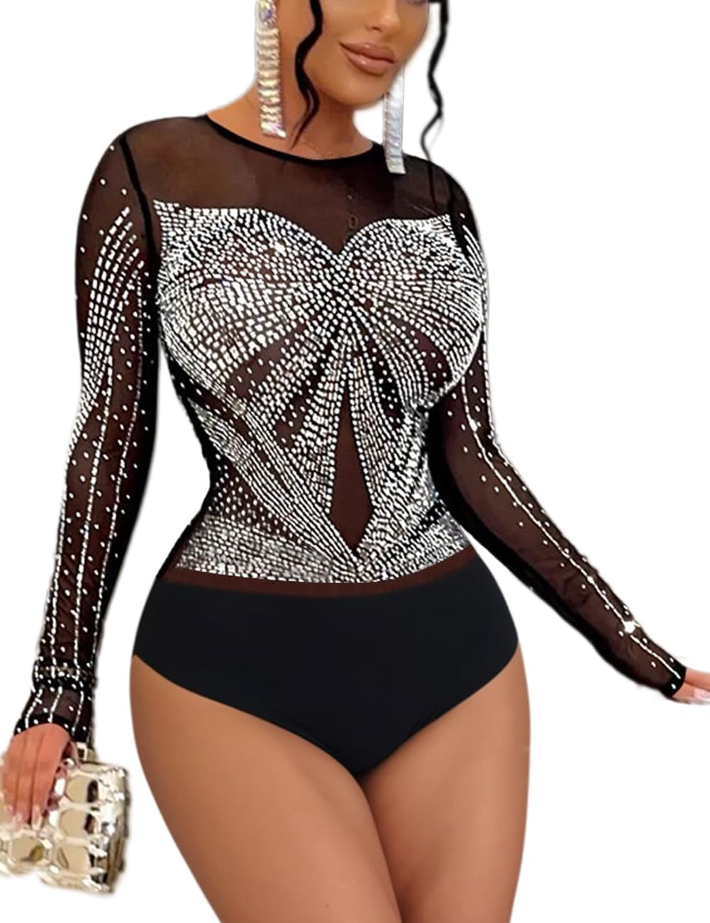 SEBOWEL Women's Long Sleeve Mesh Turtleneck Bodysuit - Sheer See-Through Jumpsuit Lingerie Top - View #5