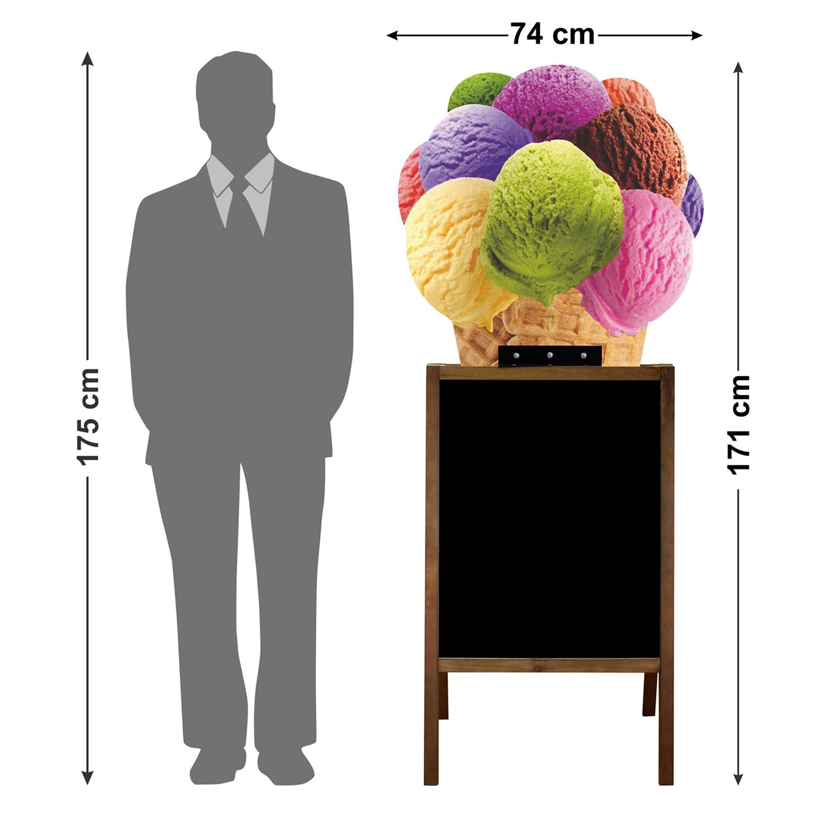 Dwustronny potykacz reklamowy 171 x 74 cm, tablica kredowa z różową lub brązową ramą i motywem lodów (Różowy, Kolorowe lody)