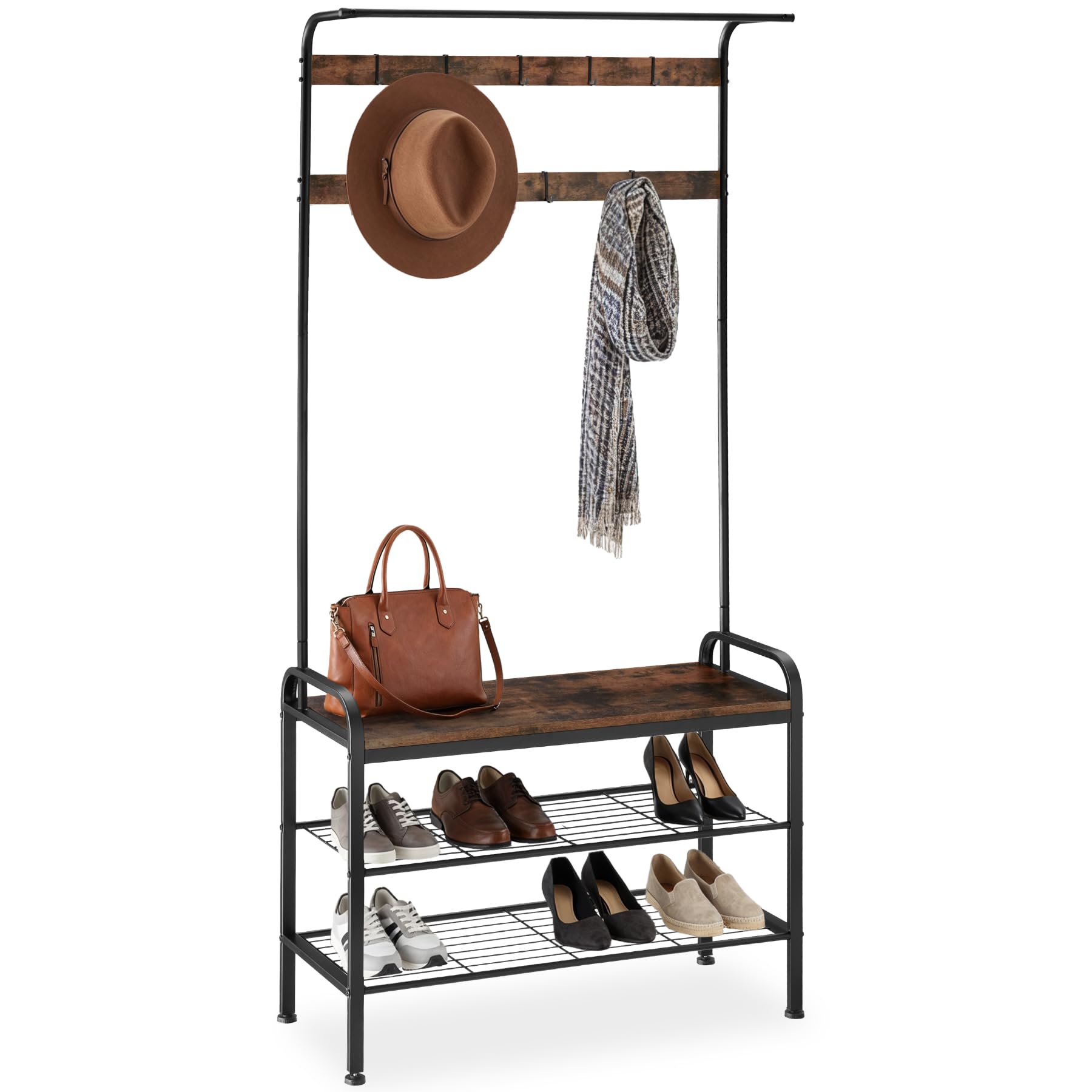 tectake® Perchero Entrada Recibidor, Banco de Madera, Colgador de Ropa, Barra Perchero, Zapatero con Perchero, Dos Estantes, Mueble Zapatero - 85,5 x 36 x 184 cm Madera Industrial Oscura, Rústica