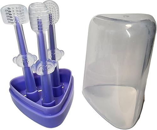 Juego de 3 piezas de cuidado bucal para bebés, limpiador de lengua de silicona, mensajes de encías y cepillo de dientes para niños pequeños (morado)