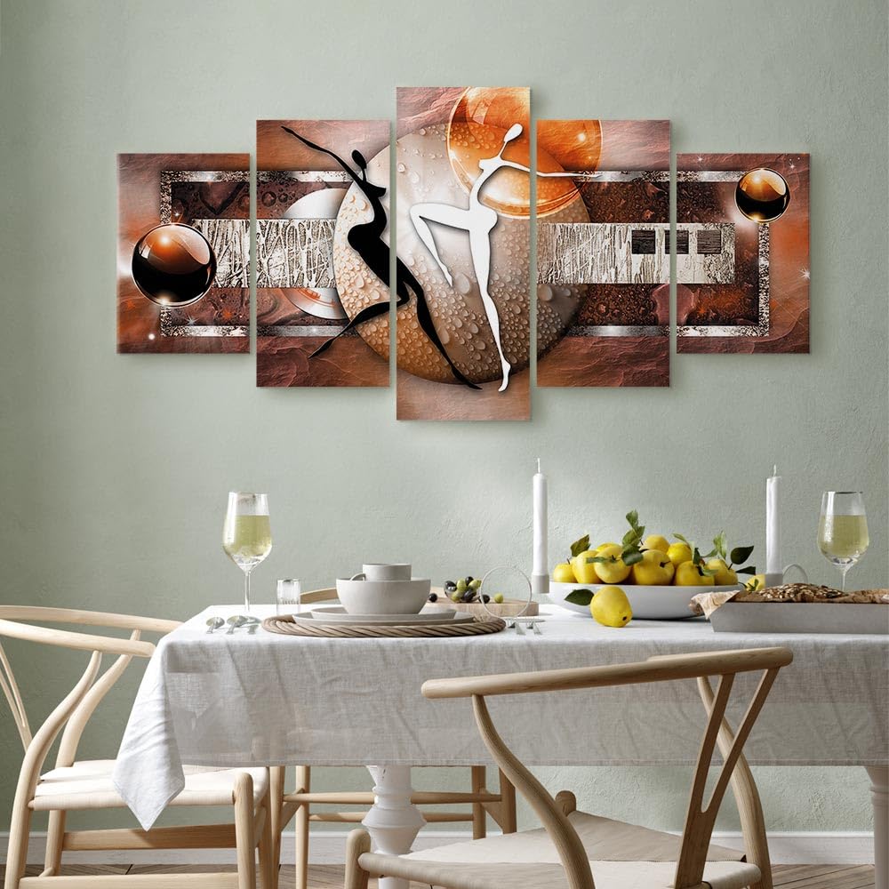 B&D XXL - Quadro Astratto 225x112 cm 5 Pezzi - Stampa su Tela Canvas con Struttura - Quadri Componibili Moderni Soggiorno Grandi - Murale Arte Decorazioni da Parete Decori - marrone arancione argento