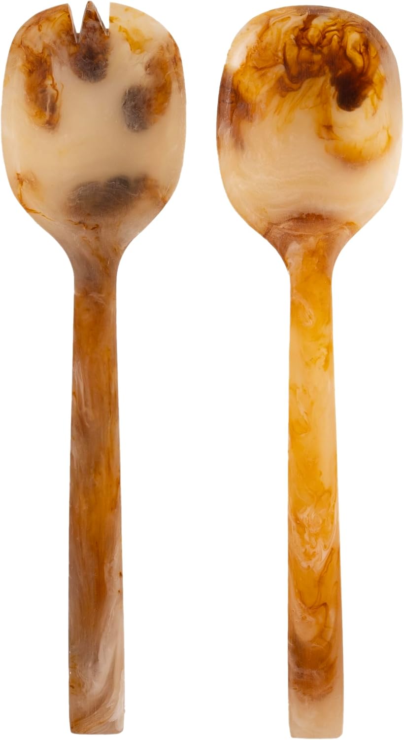 Boston International Salad Server Set Resin Utensils Serving Fork and Spoon, 11.5", Umber & Cream