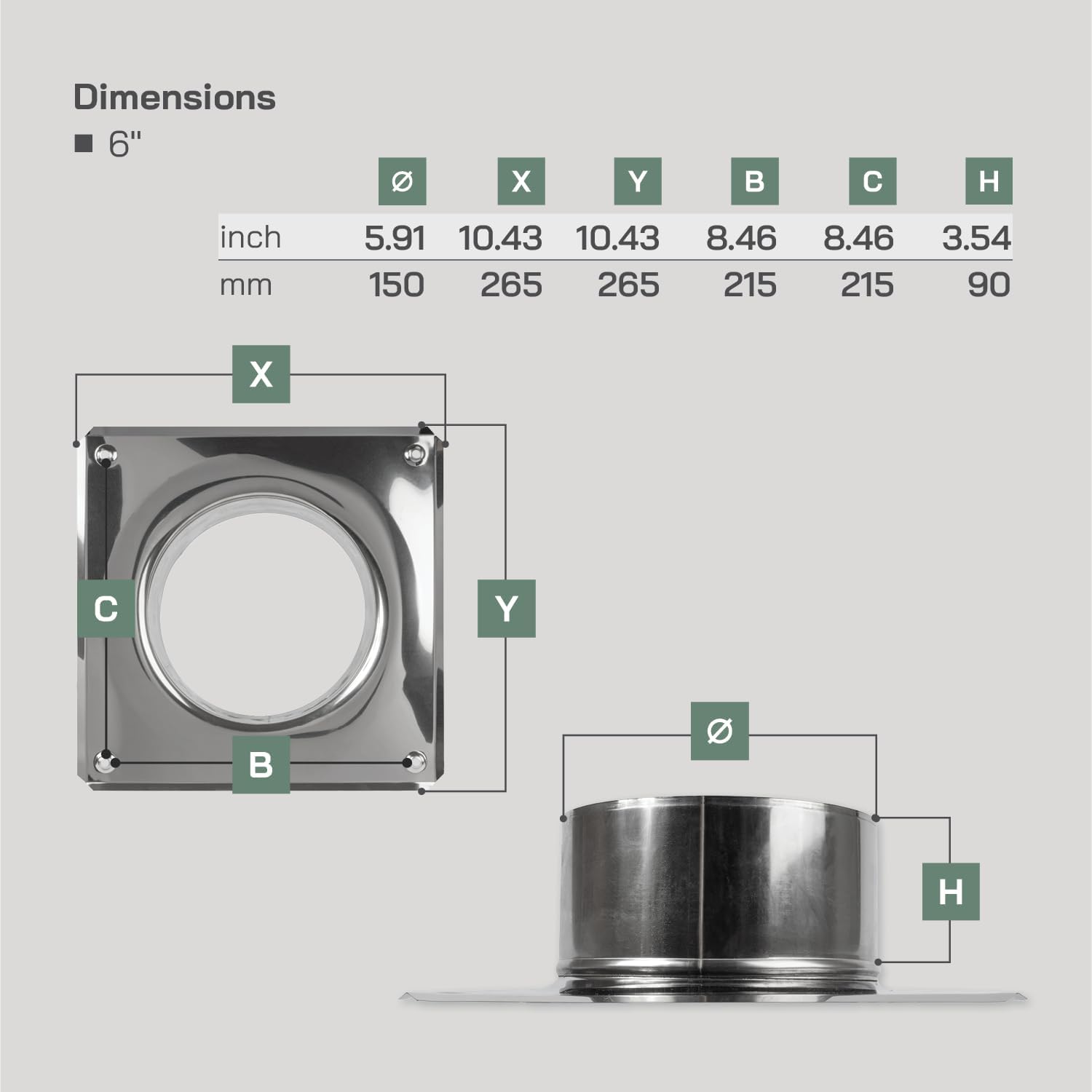 Vent Systems 6" Inch Stainless Steel Chimney Top Plate - Base Mount for Flue Cap or Cowl - Square to Round Roof Cover Flange - Steel Plate Cover for Chimneys