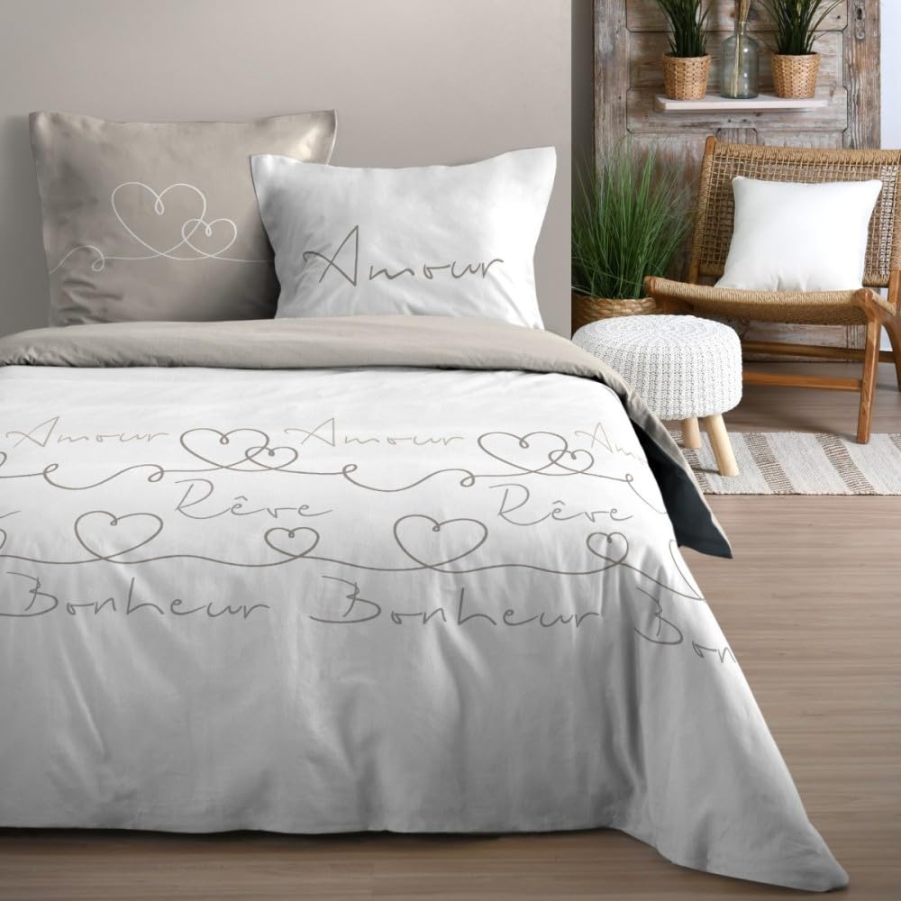 Housse de couette 260x240 Amourette en pur coton avec 2 taies d'oreiller faciles à laver