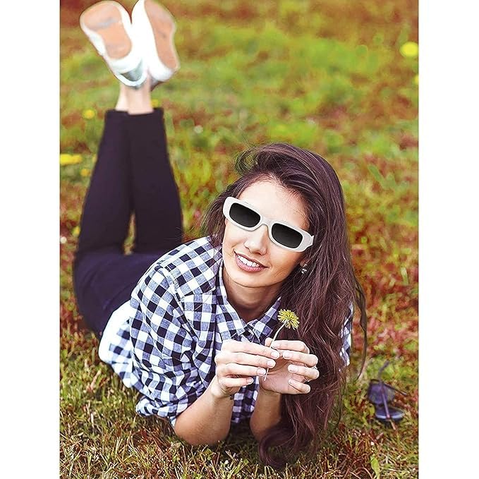 Image of Rectangular Sunglasses, Black Frame, Dark Grey Lenses, Retro Style-Men Women