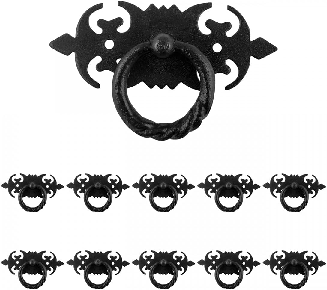 Renovators Supply Manufacturing Drawer Pull 3.5 in. Black Wrought Iron Kitchen Cabinet Drop Style Ring Pull Handles with Mounting Hardware Pack of 10