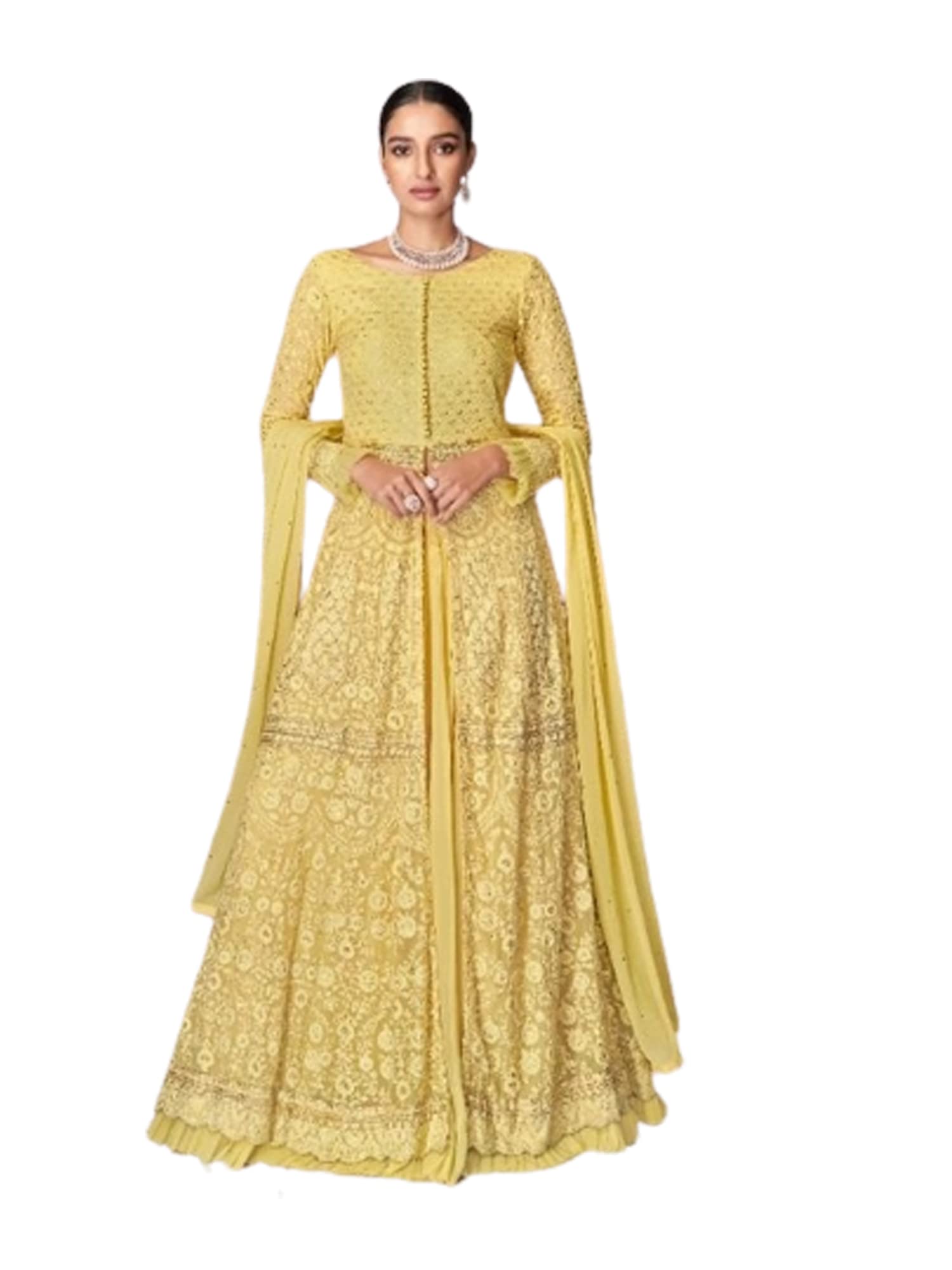 SHRI BALAJI SILK & COTTON SAREE EMPORIUMYellow Woman Heavy Anarkali mid cut Bridal Salwar Kameez Georgette Wedding Suit 3847