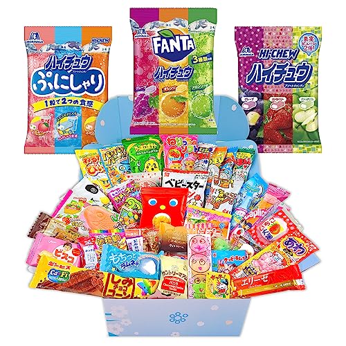 Sakura Box 50 Piece Japanese Candy & Snack Box + Hi-Chew Assortment 3 Bag Set (68-86g Bags – Fanta, Fruit, Puni Shari)
