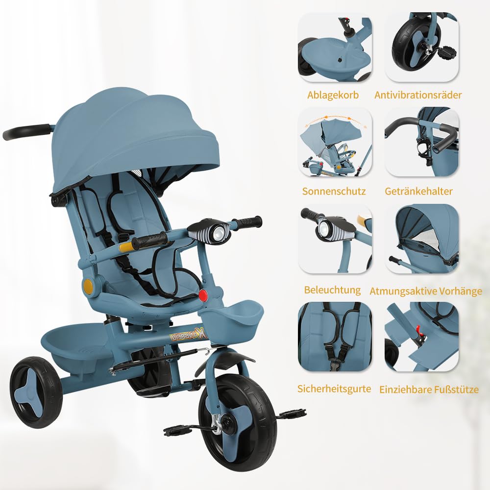 4-in-1 Kinderdreirad mit Schubstange & Lenksteuerung, Blau | Baby Fahrrad ab 1 Jahr, Sicherheitsbügel, Fußstütze & Korb, Faltbare Markise