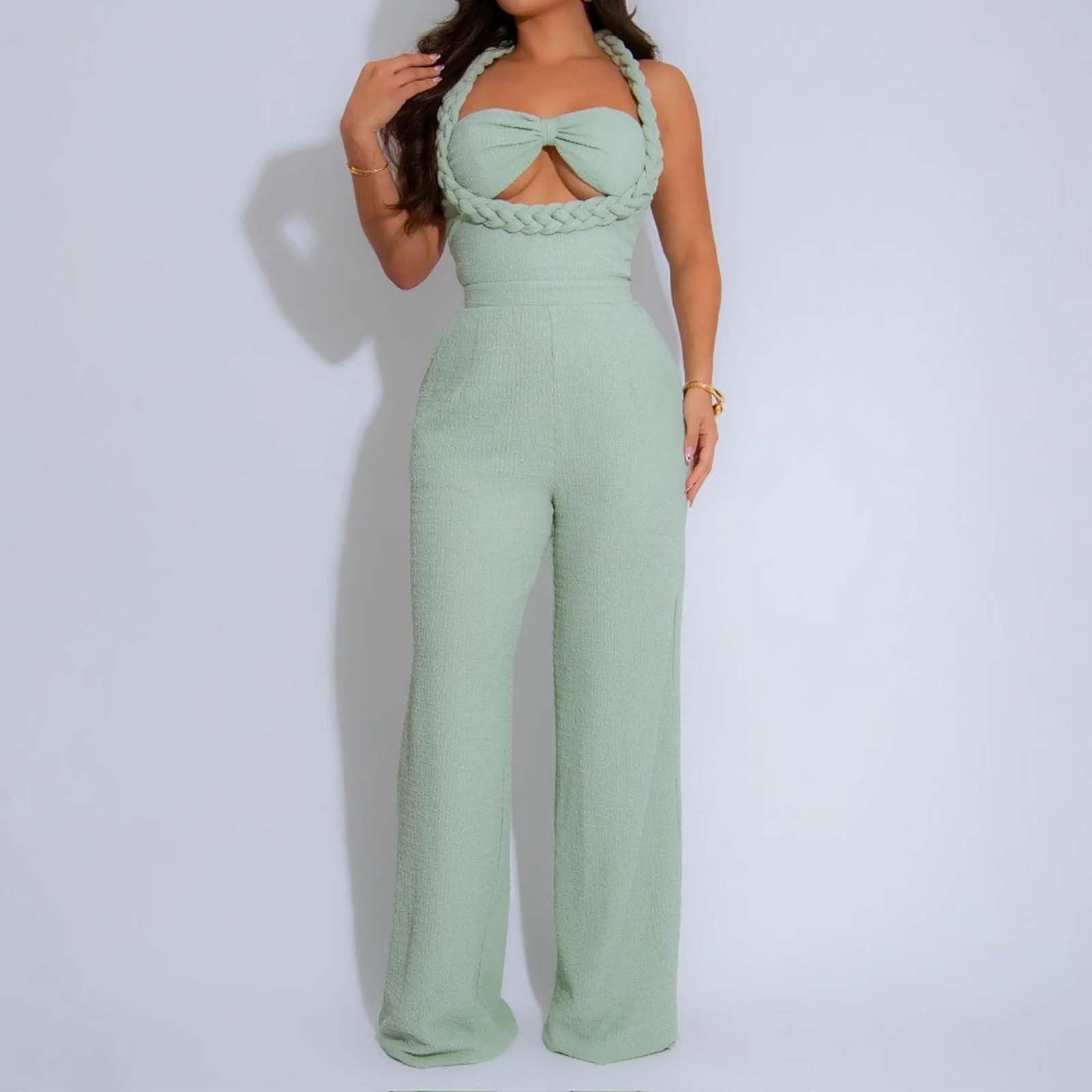 Jumpsuit Damen Sommer Elegant, Lang Overall Damen, Einfarbiges Ärmellos Playsuit Outfit Frauen Komplett, Romper Einteiler Kostüm, Overall Damen Festlich Hochzeit Dünn Funky Damen Jumpsuit für Party