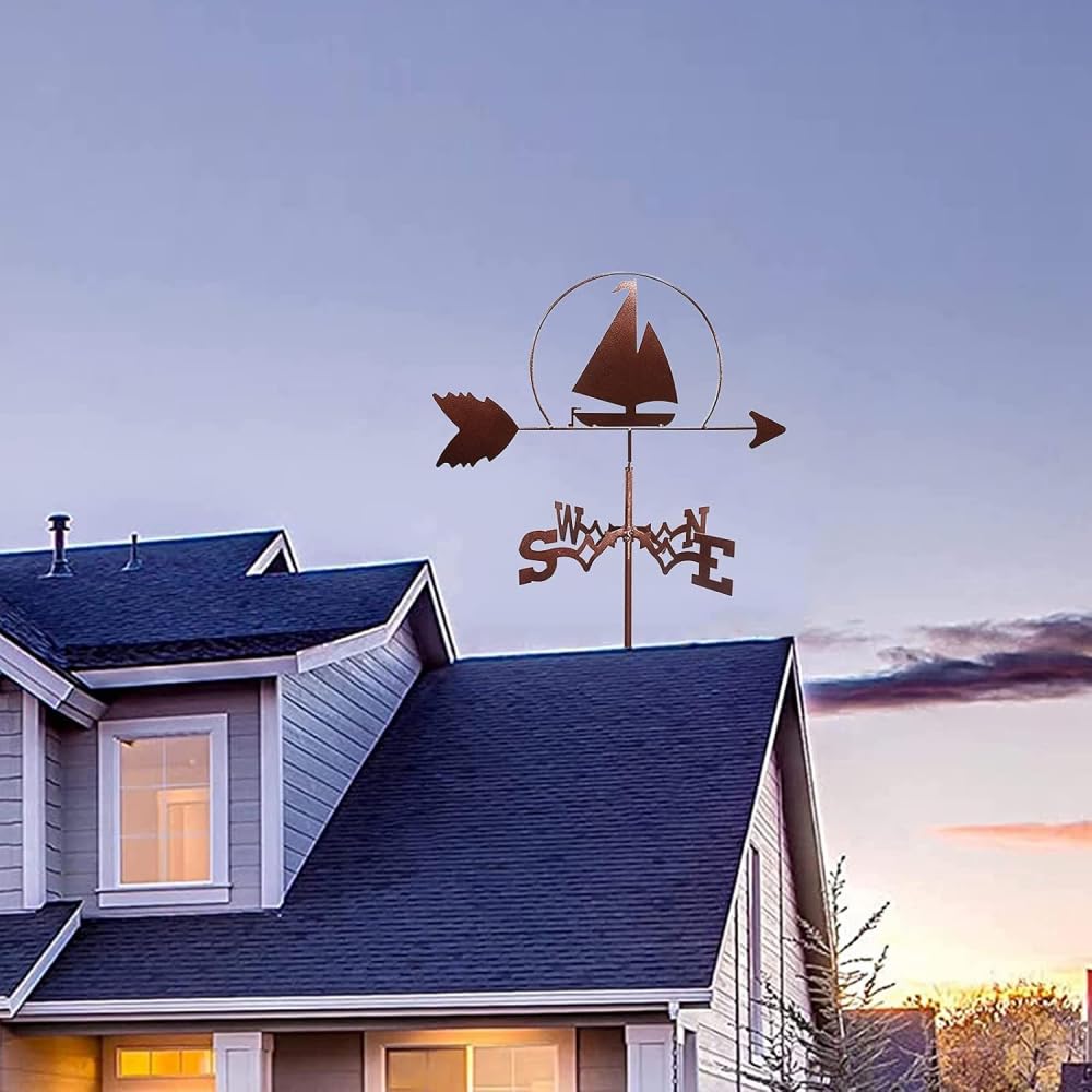 Decoive - Segnavento a forma di barca a vela, in acciaio inox, robusto, stile retrò, con paletto da giardino, indicatore di direzione del vento, per tetto, giardino, cortile, strumento di misurazione