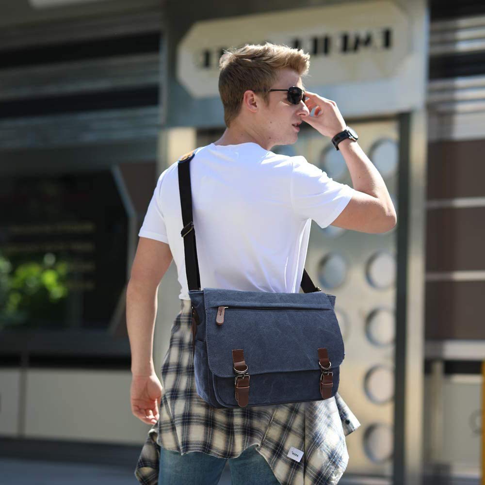FANDARE Retro Umhängetasche Segeltuch Schultertasche Herren Damen Lehrertasche Briefträgertasche für 14 Zoll Notebook Laptoptasche Große Aktentasche Freizeit Reise Business Messenger Bag Blau L