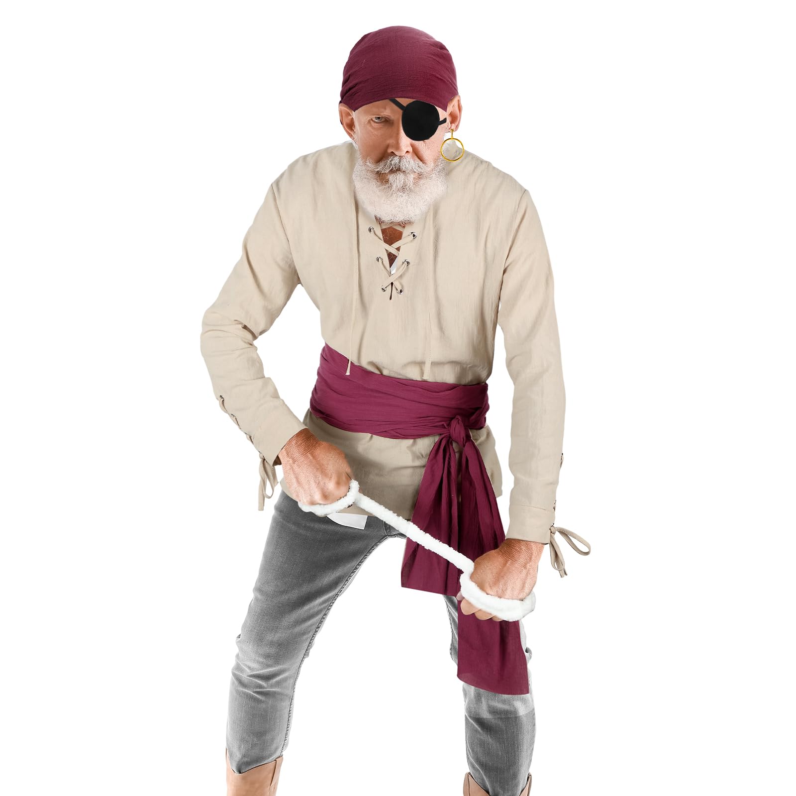 Boyiee Ensemble de costume de pirate 5 pièces pour homme - Style médiéval et Renaissance - Avec bandana, bandana, ceinture