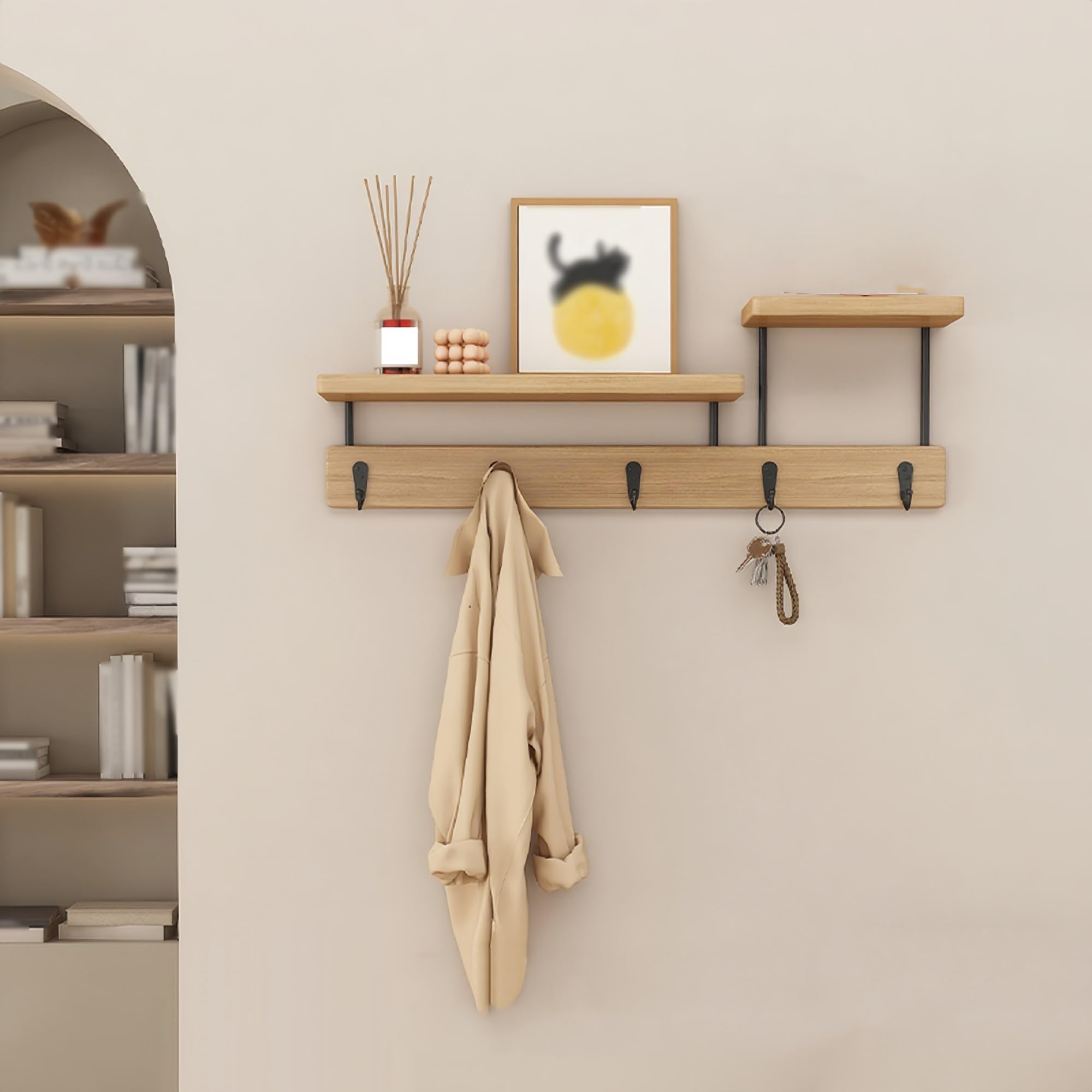 Perchero de pared de madera con estante y 6 ganchos para entrada
