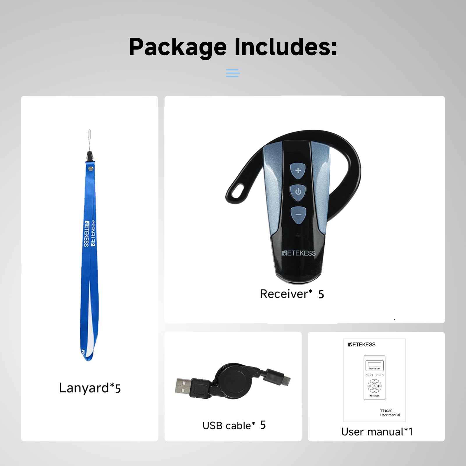 Retekess TT106S Casques pour Guides Touristiques, Mini Récepteur de Crochet d'oreille,2.4G, 200m de Distance de Travail, AUX, Contrôle à Une Touche, Design à Gros Boutons, pour Conférences, Voyages