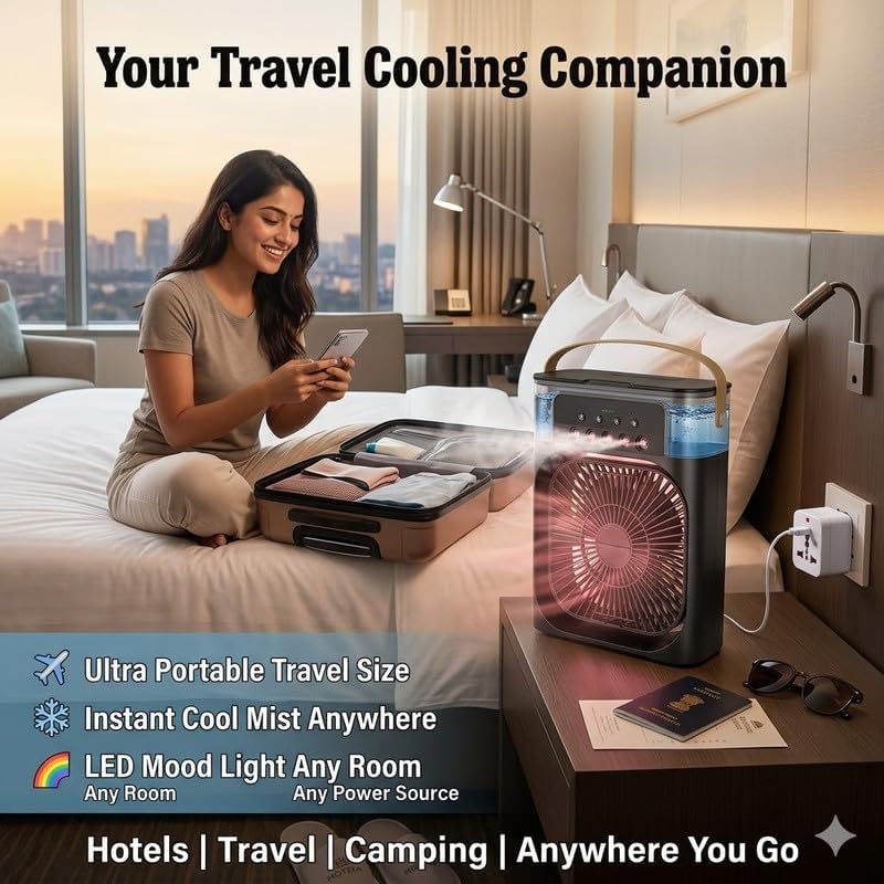 Image of (10 Years Assured Warranty) Mini Desk Air Cooler Fan Portable USB Powered with LED Lighting Mist Spray and Adjustable Speed Settings for Personal Cooling