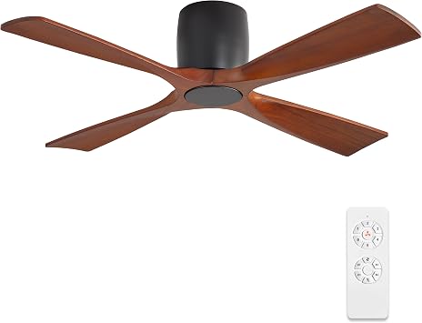 LEDLUX 48" Flush Mount Ceiling Fan without Light, 4 Reversible Blades, 6-Speed Noiseless DC Motor, Low Profile Hugger Ceiling Fan No Light for Living Room, Kitchen, Bedroom, Black and Walnut