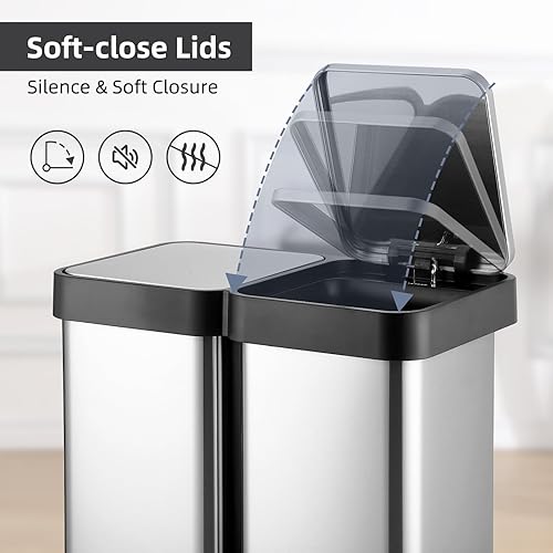 Miniatura 3 de Bote de basura doble de 16 galones y cubo de reciclaje, 2 compartimentos y 2 pedales, tapa de cierre suave y hermético, para el hogar, oficina,