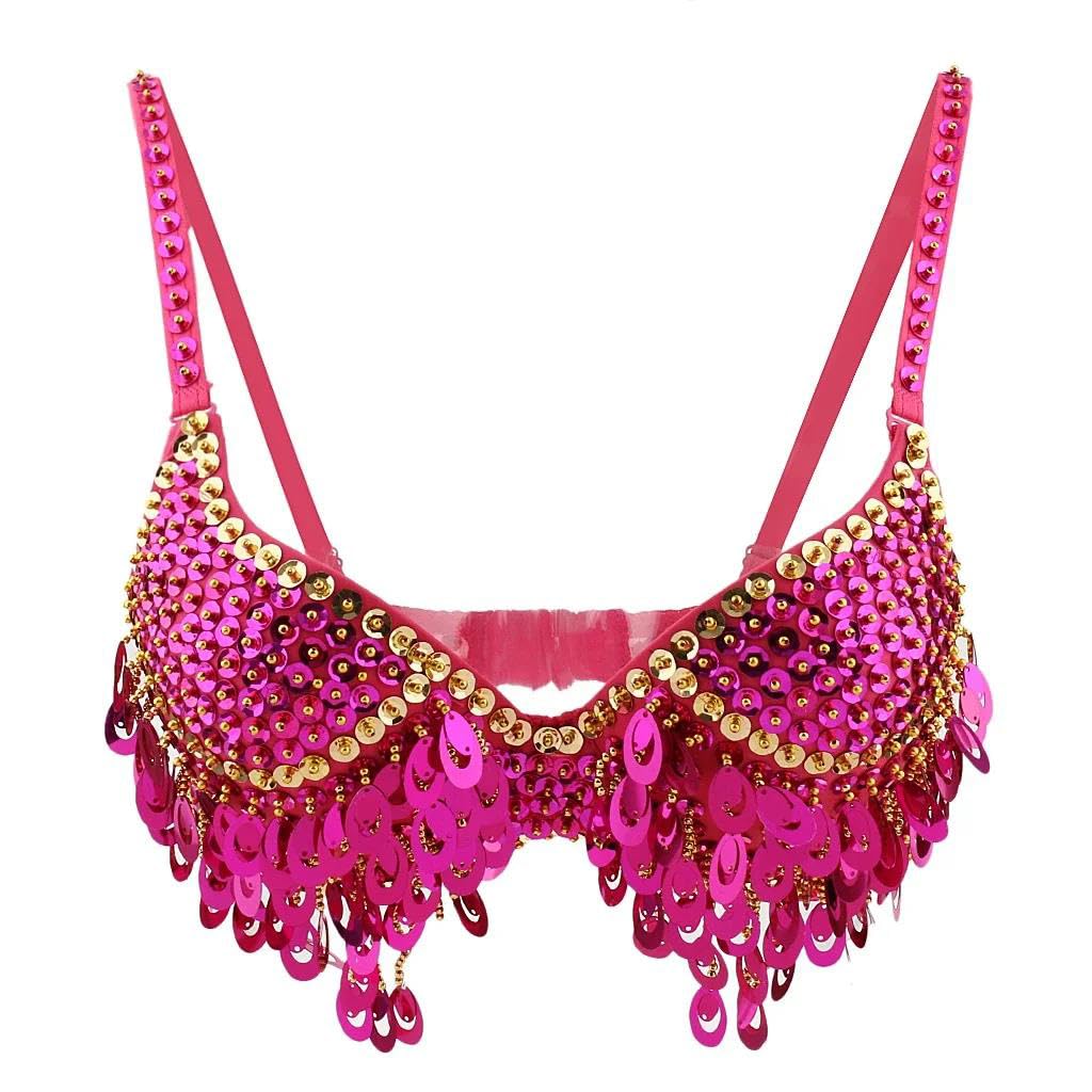 Top da donna con paillettes e perline, top corto con nappe scintillanti, per rave, festival, danza del ventre