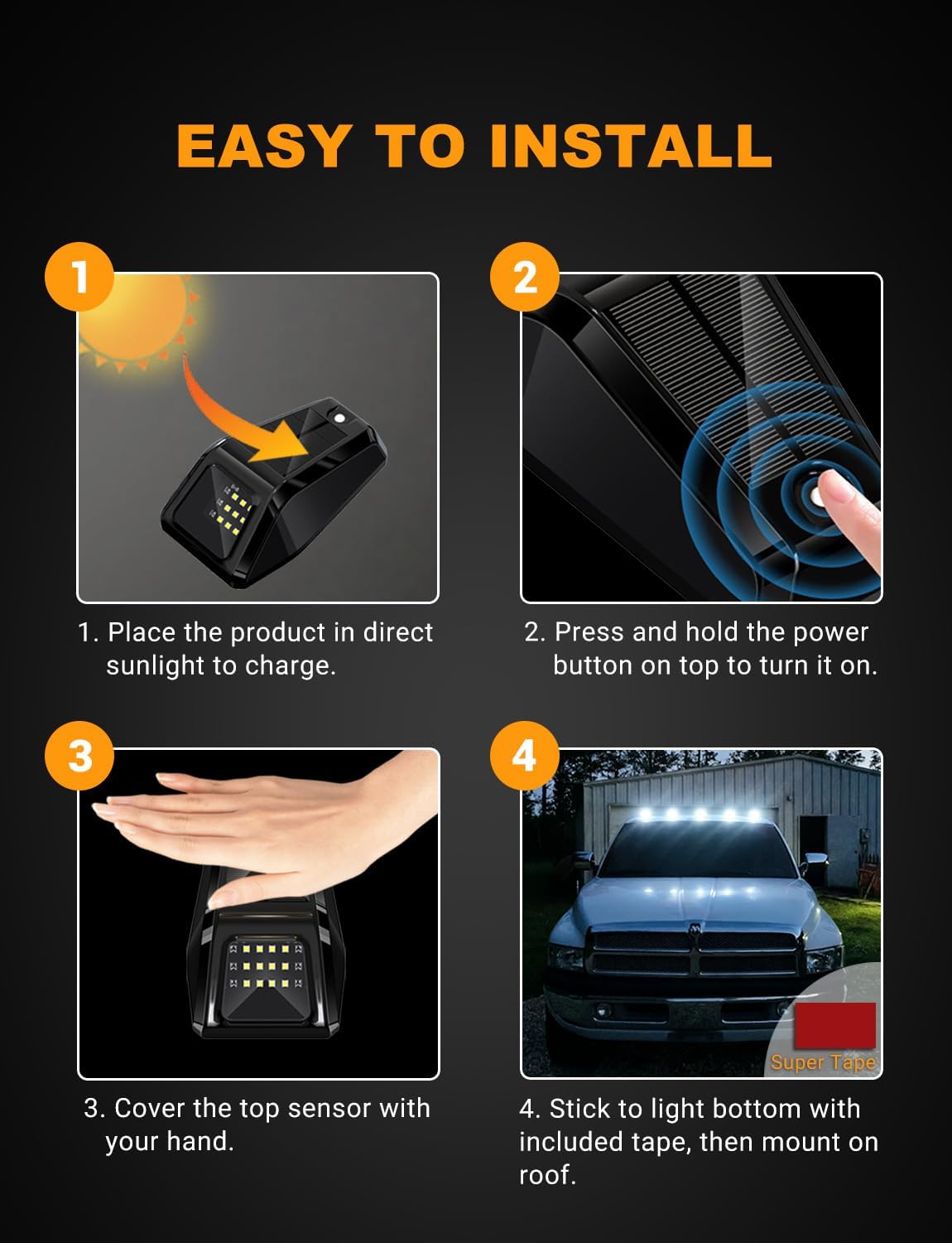 2026 Upgraded Solar Cab Lights for Trucks, Wireless No Drill Roof LED Marker White Lights with Vibration Sensor, IP68 Waterproof Security Lights for RVs Pickup SUV Van 5PCS