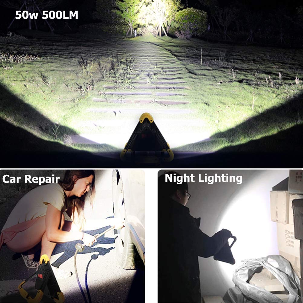 Foco LED portátil de 50 W, 500 lúmenes, luz de trabajo recargable con panel solar, 5 modos de luz, batería externa de 4000 mAh, luz de advertencia exterior impermeable IP65 para iluminación de emergen