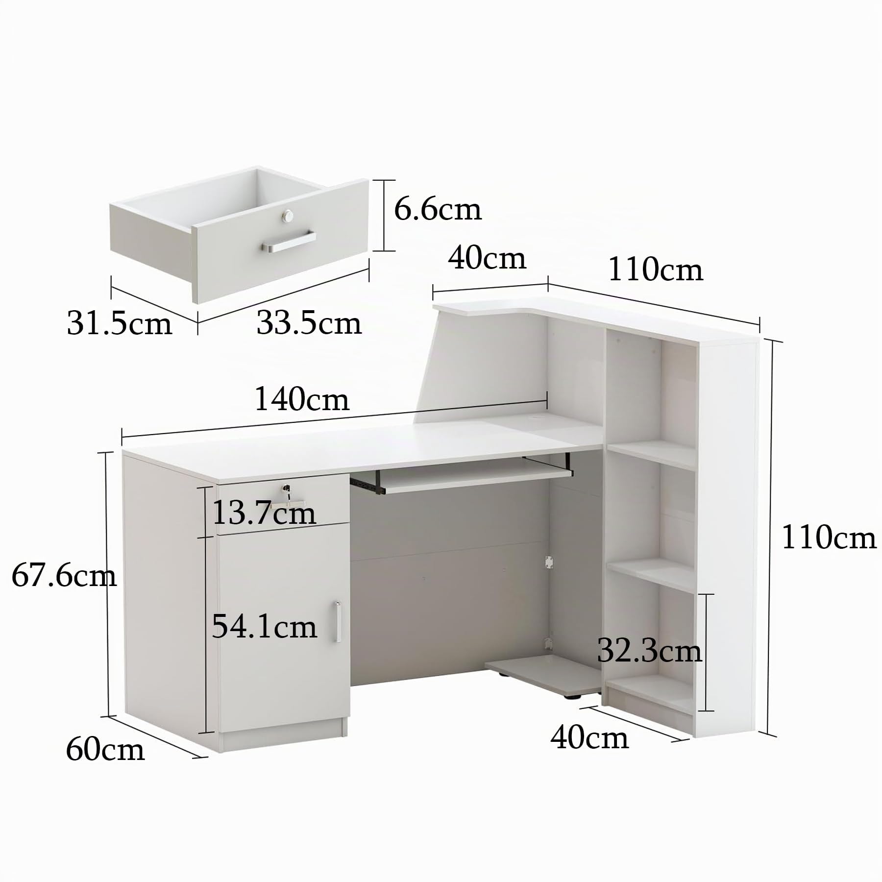 Mueble Recepción, Mostradores de Recepción Grandes de Gran Tamaño, Mostrador Basic,Mostradores para Tiendas con 1 Cajón y 2 Estantes, Recepción Mueble, Blanco, 140 x 100 x 110 CM, MDF