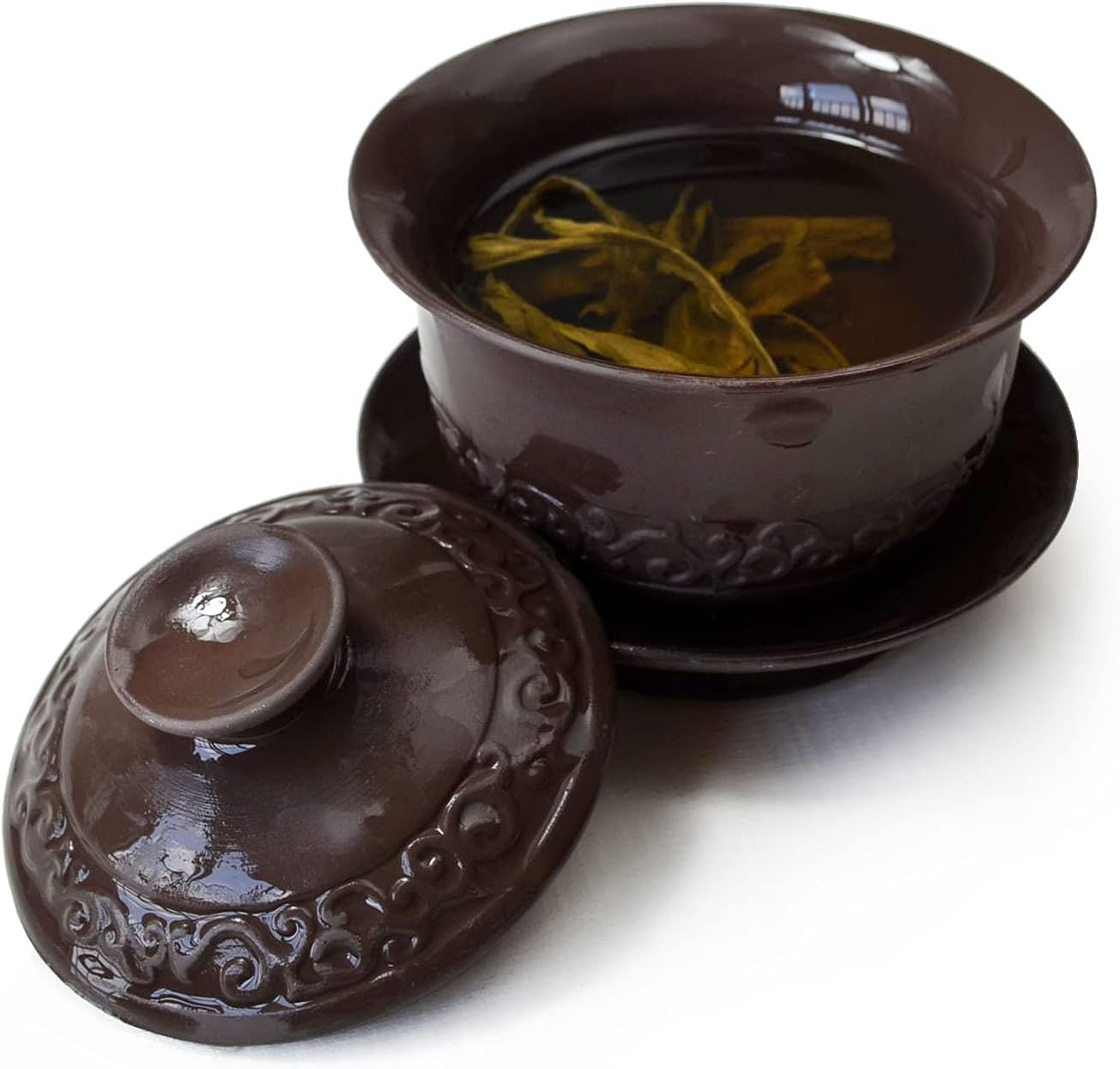 Gaiwan 150ml SancaiWan Brown Teacup 5oz Tureen Tray Cup Tea Lid Bowl Saucer with Auspicious Clouds, Ceramic Material