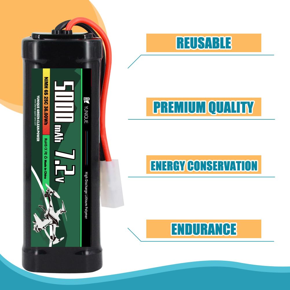 YUNIQUE GREEN-CLEAN-POWER Akumulator NiMH 7,2V 5000mAh z mocowaniem Tamiya i kablem silikonowym - 6 ogniw - Rozmiar 135 x 47 x 24 mm - Duża pojemność dla modeli RC