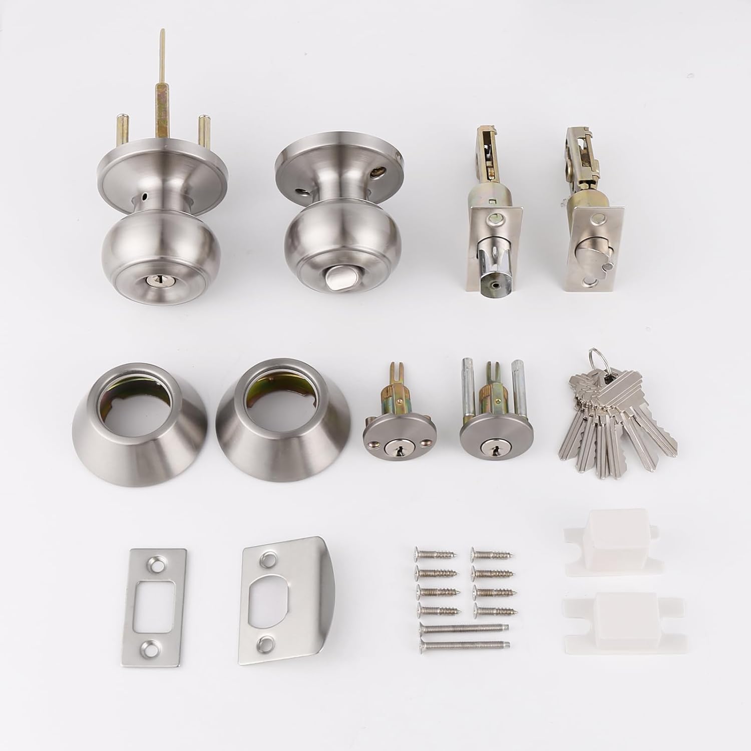 Probrico Entry Door Knob and Double Cylinder Deadbolt Lock Set, Satin Nickel Exterior Door Handle with Lock and Keys,Reversible for Left and Right Handed Door, Keyed Alike(5Pack)