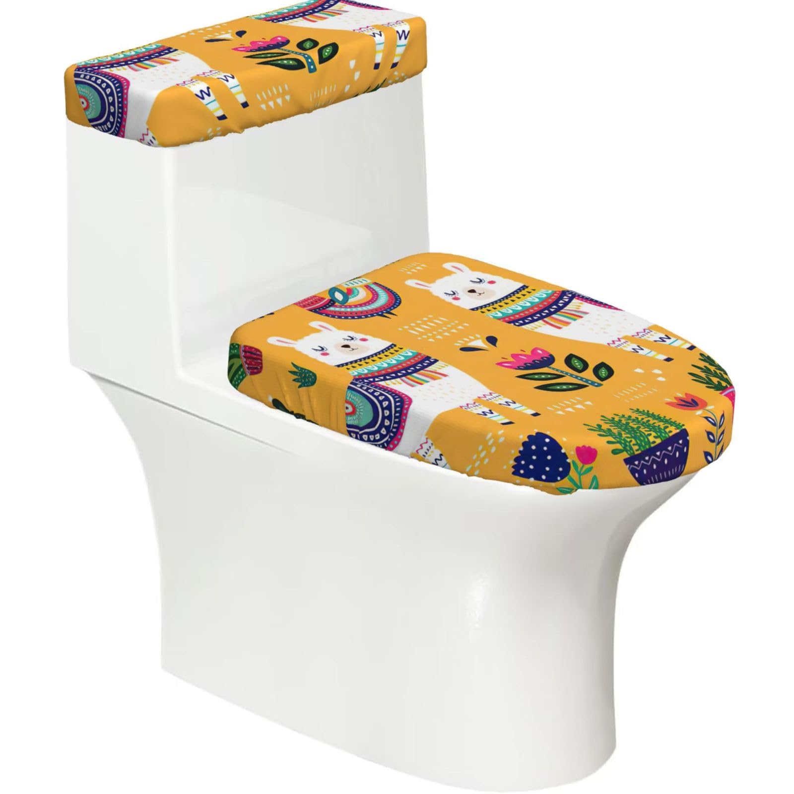 Cartoon Alpaca Cute Animal Print 2-Piece Stretch Toilet Cover Set, Elastic Breathable Toilet Seat and Tank Lid Protector