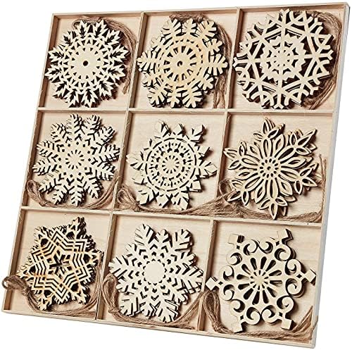 WAIZHIUA 27Pcs Christmas Wooden Snowflakes Ornaments, 9 Patterns Unfinished Wood Snowflake Embellishments with Natural Jute Hanging Strings for Rustic Christmas Tree Decoration DIY Crafts