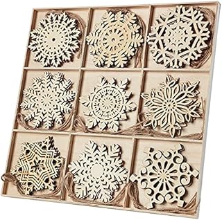 WAIZHIUA 27Pcs Christmas Wooden Snowflakes Ornaments, 9 Patterns Unfinished Wood Snowflake Embellishments with Natural Jute Hanging Strings for Rustic Christmas Tree Decoration DIY Crafts