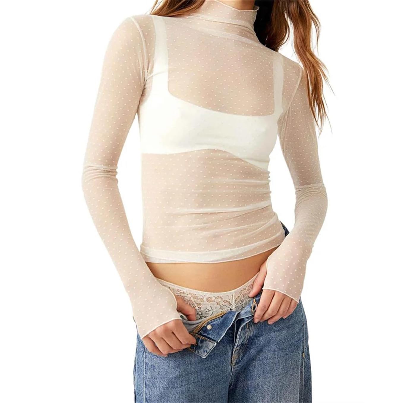 T-shirt da donna a maniche lunghe, dolcevita a pois, in rete, trasparente, aderente, magliette top