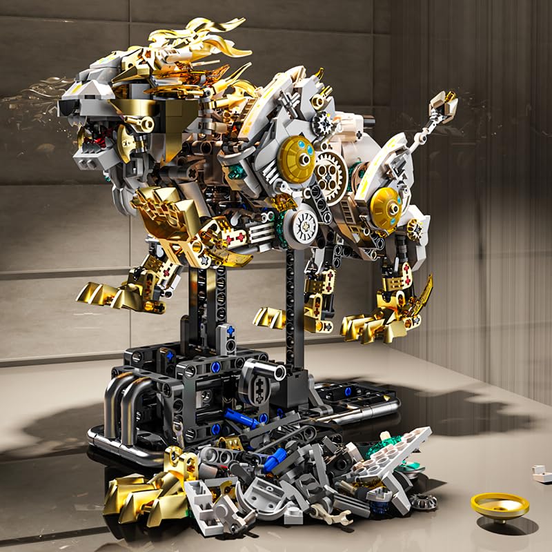 Image of SKY LINE OCEAN Mechanical Lion Building Block Set - Futuristic Golden Robotic Beast Model with Movable Gears & Display Stand, STEM Construction Kit Collectible Gift for Teens & Adults for Ages 14+