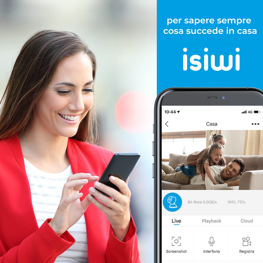 Tini Telecamera IP wiFi interno sorveglianza. Rilevazione di movimenti e suoni, Audio bidirezionale, Visione Notturna, Compatibile con Alexa/Google, App per smartphone, 2MP (ISW-BFIT2M)