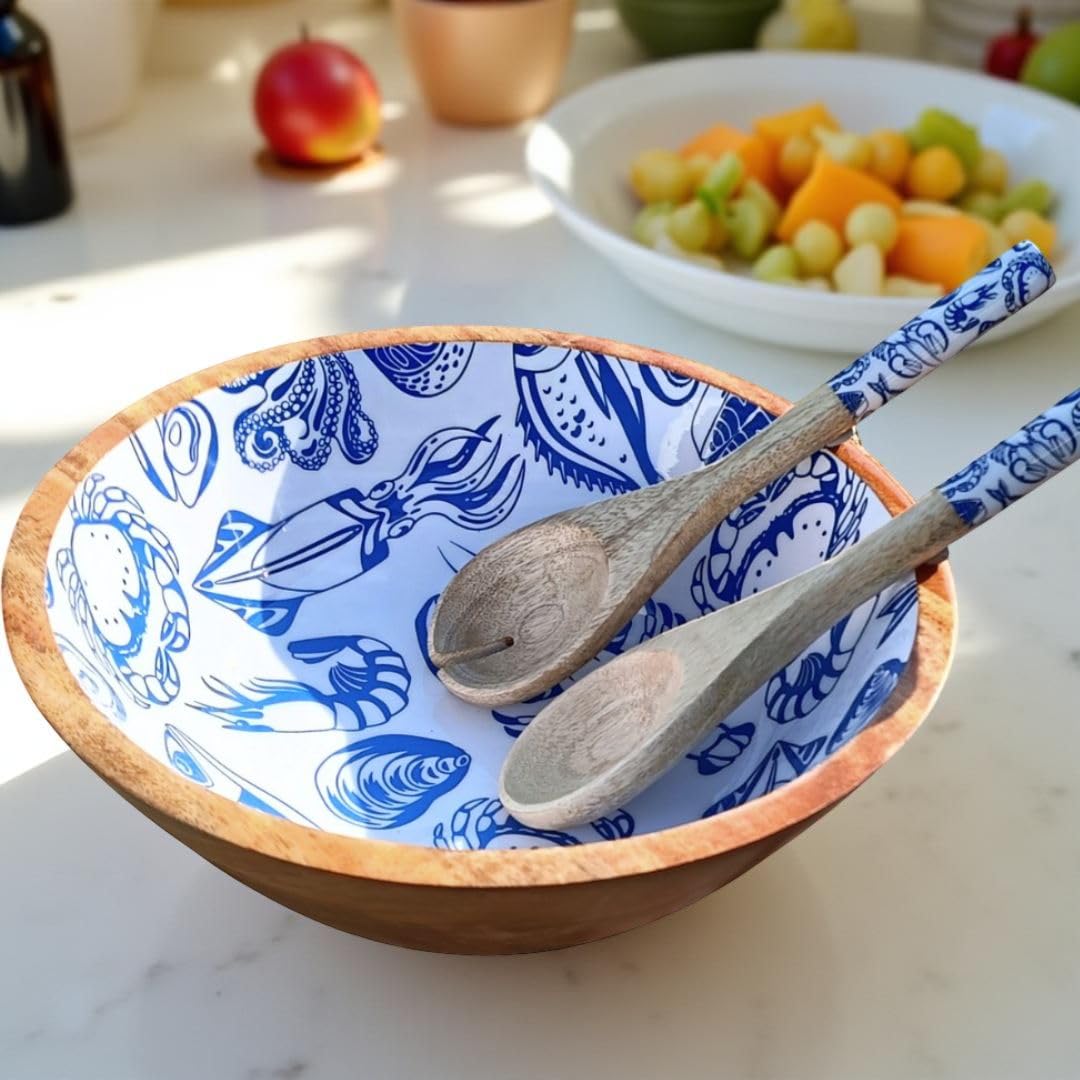 Hartsmede Handmade Mango Wood Salad Bowl Set 12" – Large Wooden Fruit Serving Bowl with Spoons, Food Safe Enamel Interior, Decorative Ocean Pattern Serving Bowl for Salad Pasta Snacks (Ocean)