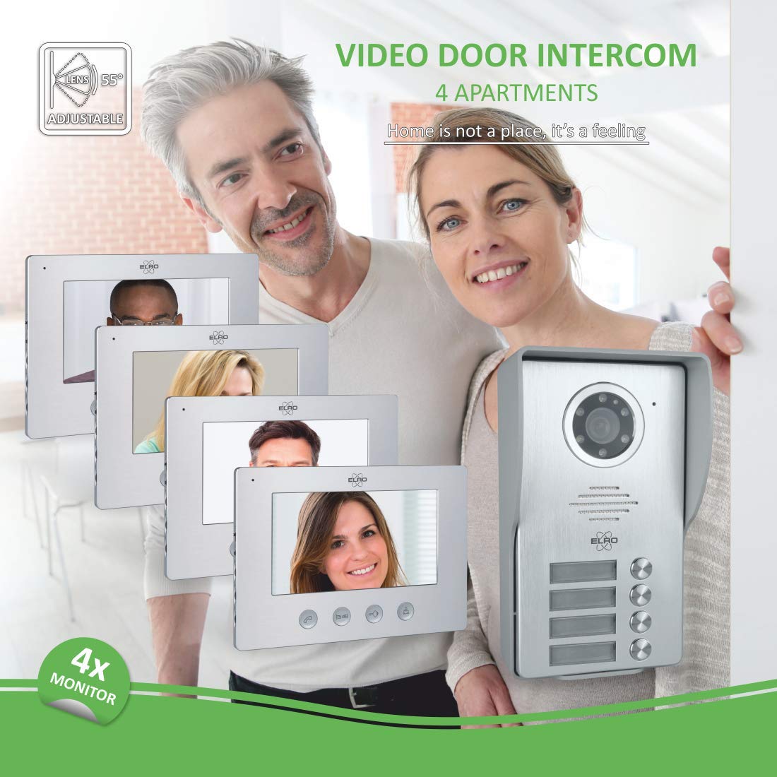 ELRO Interphone vidéo DV477W4 à 4 familles avec écran 4 couleurs, caméra avec vision nocturne, technologie 4 fils, 16 sonneries, gris, taille unique