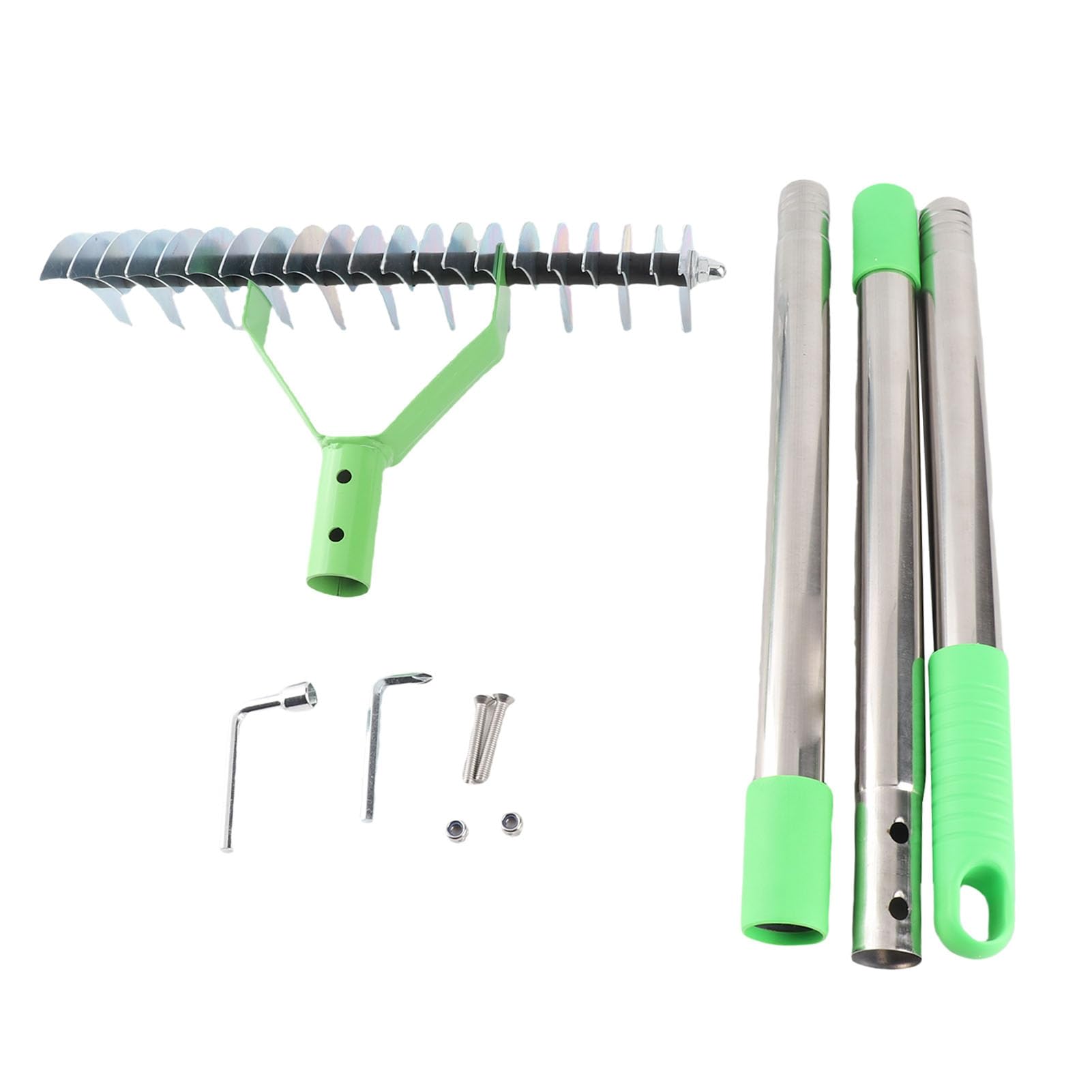 Rengue Rastrillo de Paja, Rastrillo de Césped, de Paja de 3 Secciones de Acero Inoxidable con Púas Curvas y Ergonómico para Techar, Fertilizar, Resiembra, Labrar