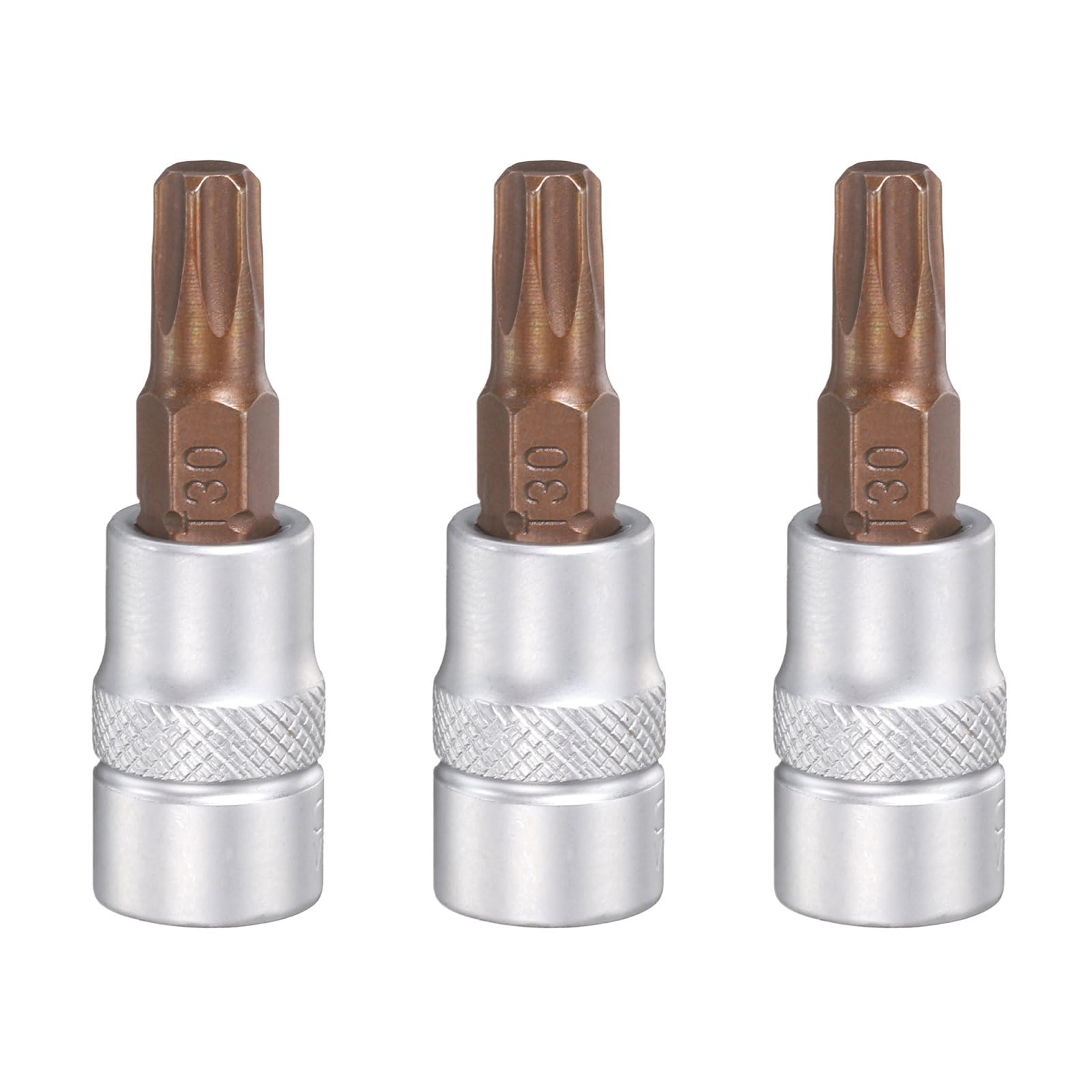 sourcing map 3pcs T30 Torx Bit Socket 1/4" Square Drive Metric S2 & CR-V Steel Socket Ratchet Wrench Industrial Grade Bits, Silver Red