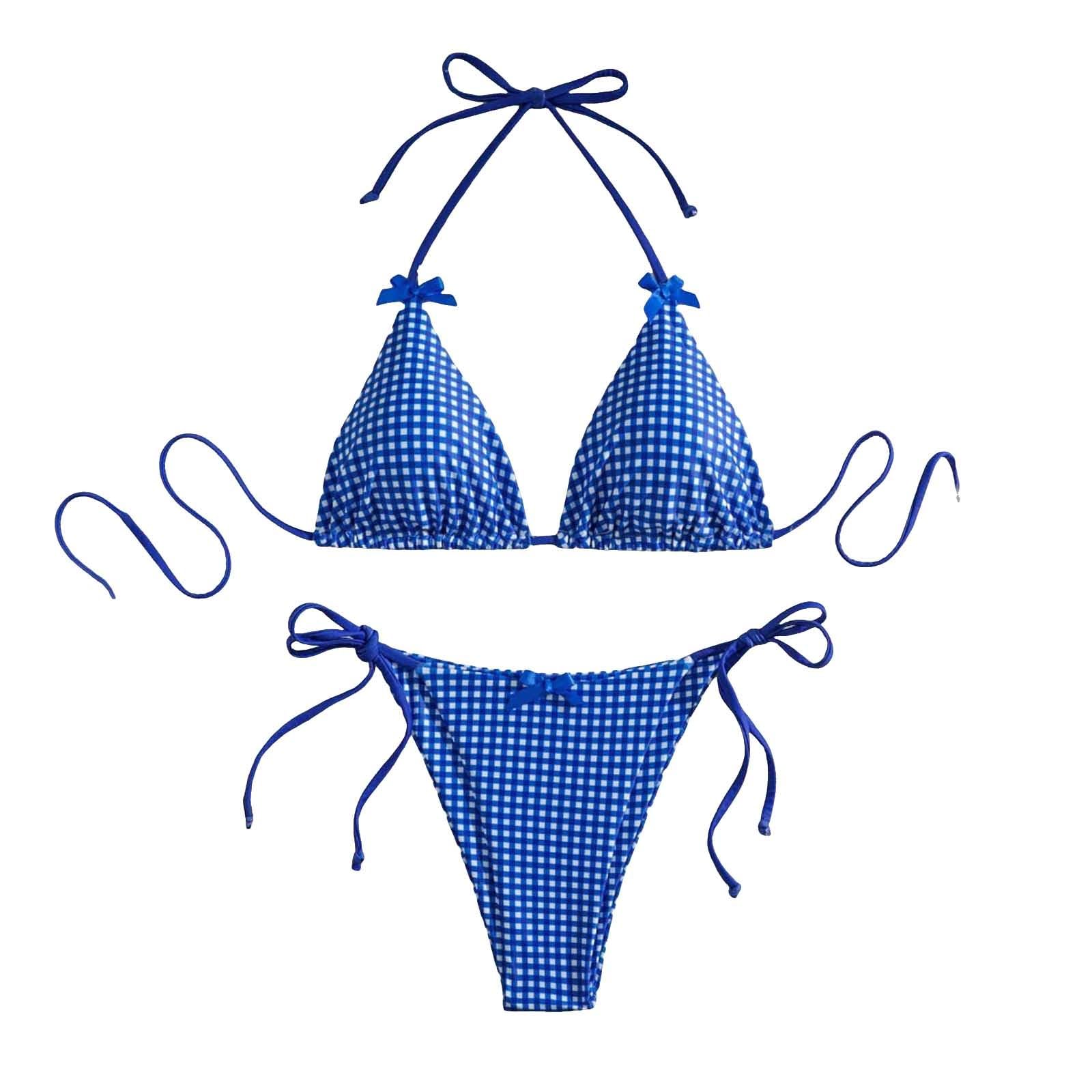 Kwatieh Conjunto de Bikini 2 Piezas con Estampado Cuadros para Mujer, Traje baño Cintura Alta Lazo en el Frente y triángulo BañAdor Natacion Mujer Conjuntos Bikinis 2024 Tanga Bikini Tallas Grandes