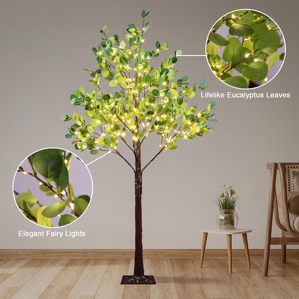 LED Eukalyptusblatt Baum Lampe, USB Betrieben Künstlich Eukalyptus Baumlampe Warmweiß, Vintage Leuchtender Innen und Außen Deko Baumlicht Grünpflanzen für Weihnachts Hochzeit Party,120cm