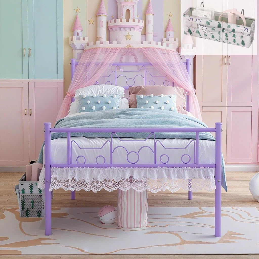 Twin Bed Frames - Twin Size Beds Princess Metal Platform Bed Frame Mattress Foundation Support for Kids Girls with Headboard, Footboard, Bedside