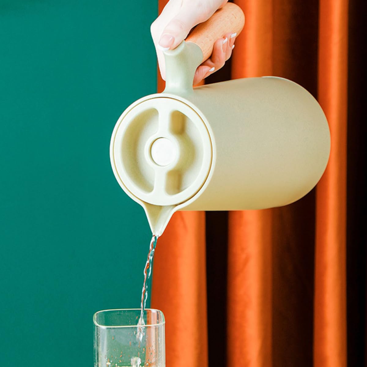 Homoyoyo Isolierte Thermosflasche 1l mit Holzgriff und Kunststoff Glaseinsatz für Zuhause und Büro Hält Getränke Heiß kein Unangenehmer Geruch