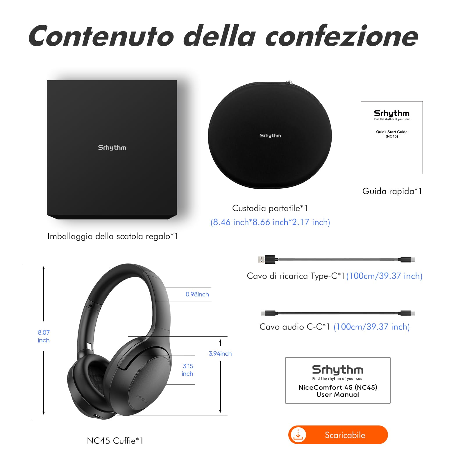 Srhythm NC45 Cuffie con Cancellazione Attiva del Rumore, Cuffie Bluetooth Wireless Sopra l'orecchio con Microfono Bassi Profondi, Pieghevoli e Resistenti, Comodi Cuscinetti Proteici, 40 Ore
