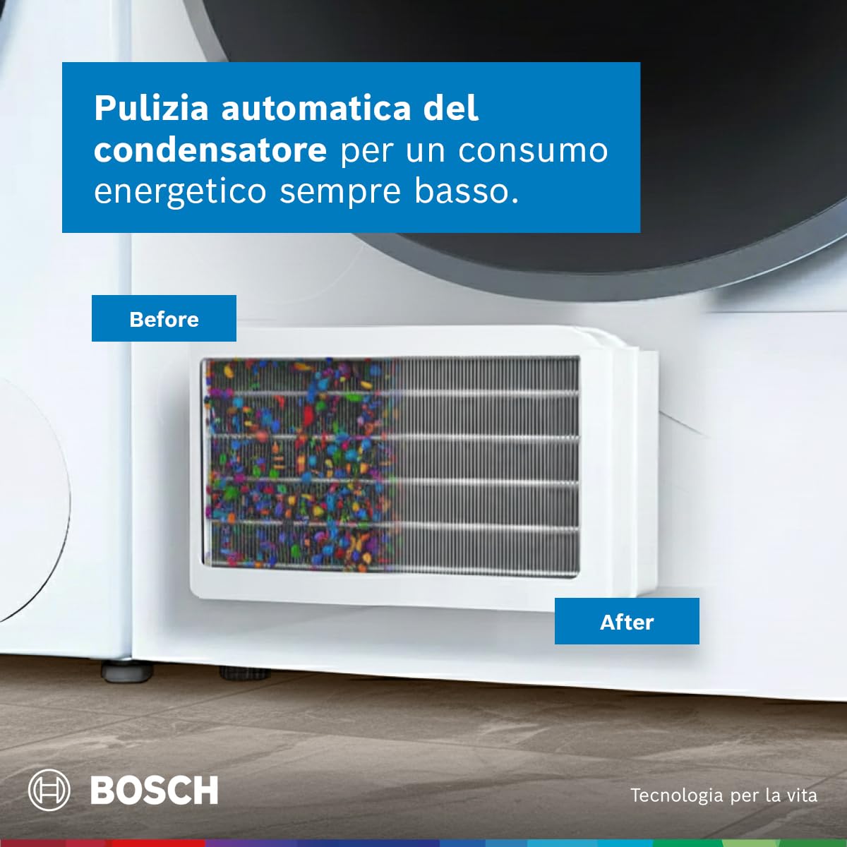 Bosch WQG245D0IT Serie 6 Asciugatrice smart a pompa di calore, 9 kg, Classe energetica C, Condensatore autopulente, Cestello per capi in lana, Sensori di asciugatura intelligenti, Bianco, 60 Cm