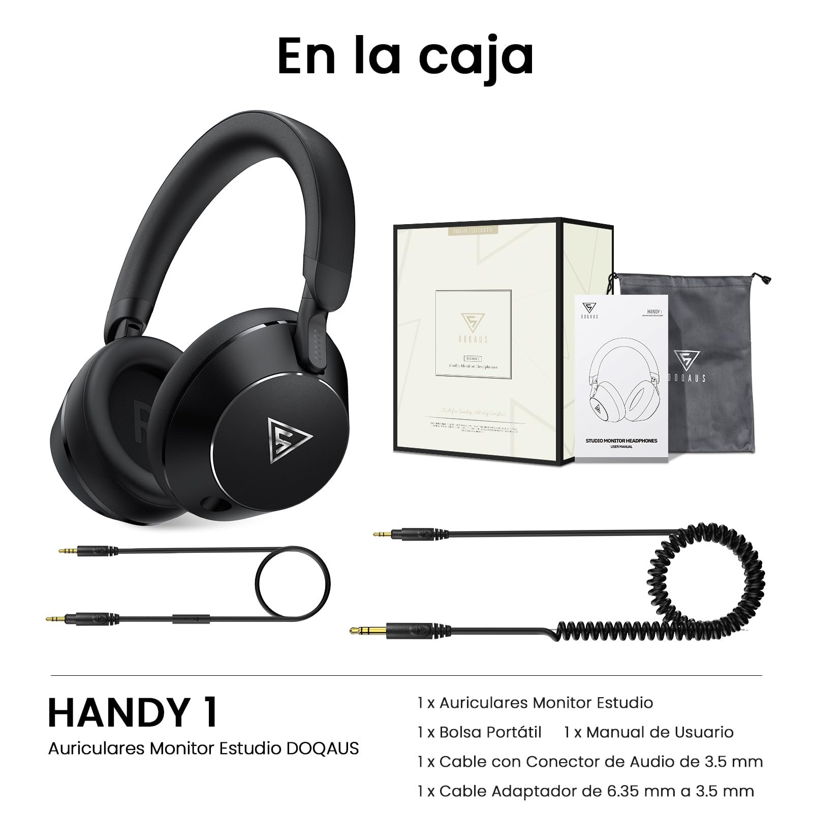 DOQAUS Auriculares DJ con Cable, Estéreo de Mezcla y Monitor de Estudio, 50mm Controladores,2 Cables (3.5 y 6.35mm) Conector de Audio para PC AMP Grabación de Teléfono Piano Guitarra, Negro