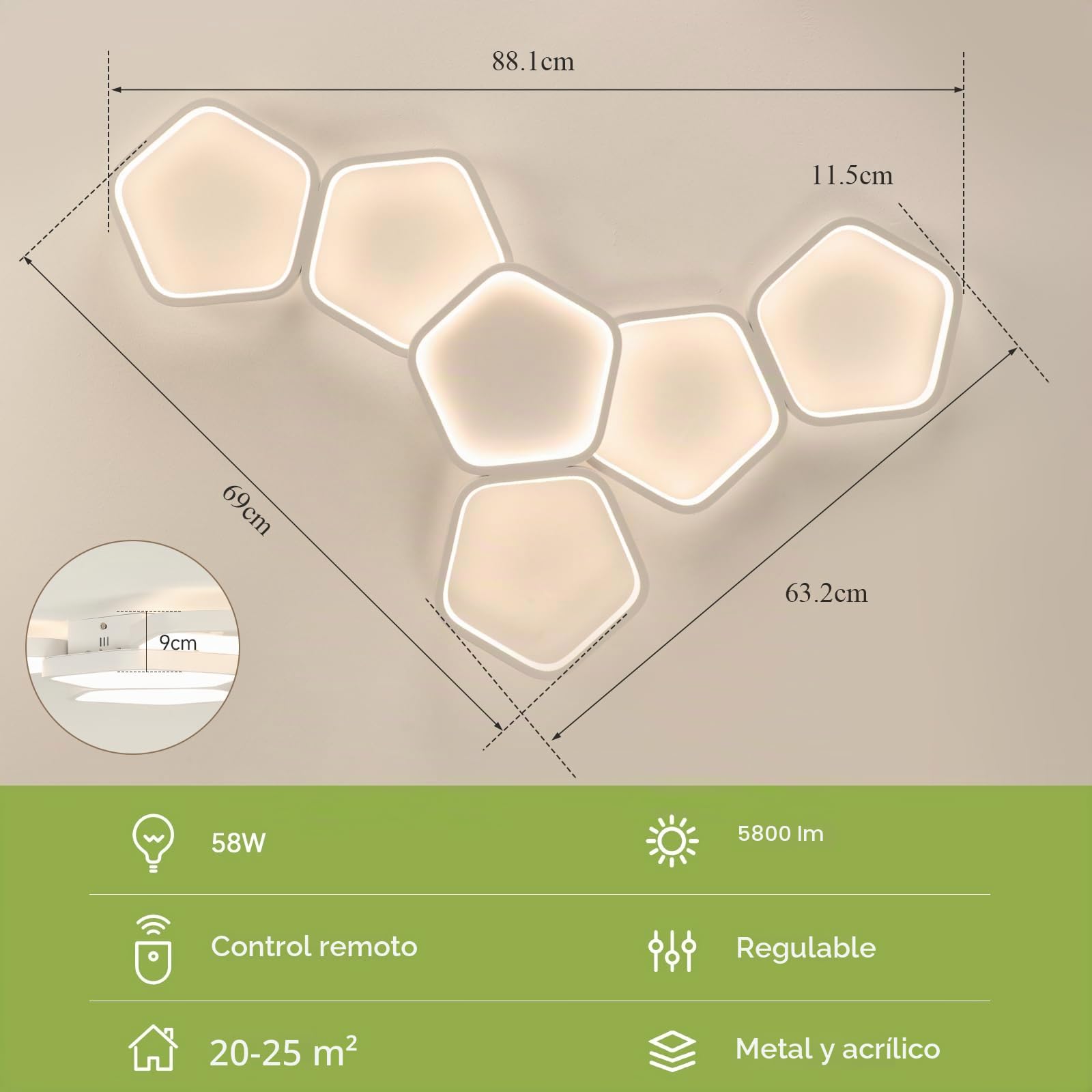 OTREN Lámpara Techo Regulable con Mando a Distancia, 88 cm 58W, 3000K-6500K, Luz Nocturna, Temporizador y Función Memoria,Plafón LED Moderna para Salón, Dormitorio, Cocina