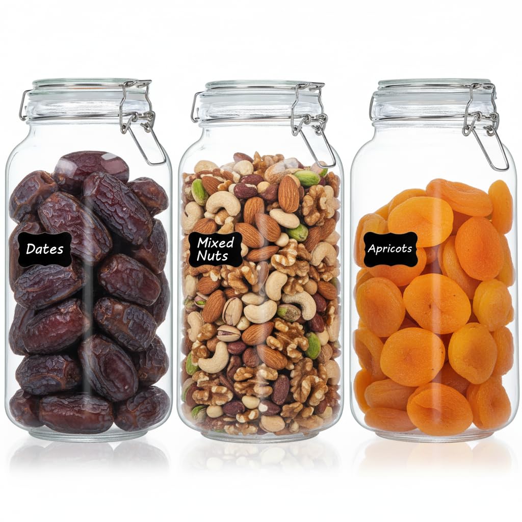 Vtopmart 3 Pack 78oz Square Glass Mason Jars with Clamp Lids, Large Kitchen Airtight Food Storage Containers for Flour, Cereal, Coffee, Pasta and Canning, with 8 Chalkboard Labels